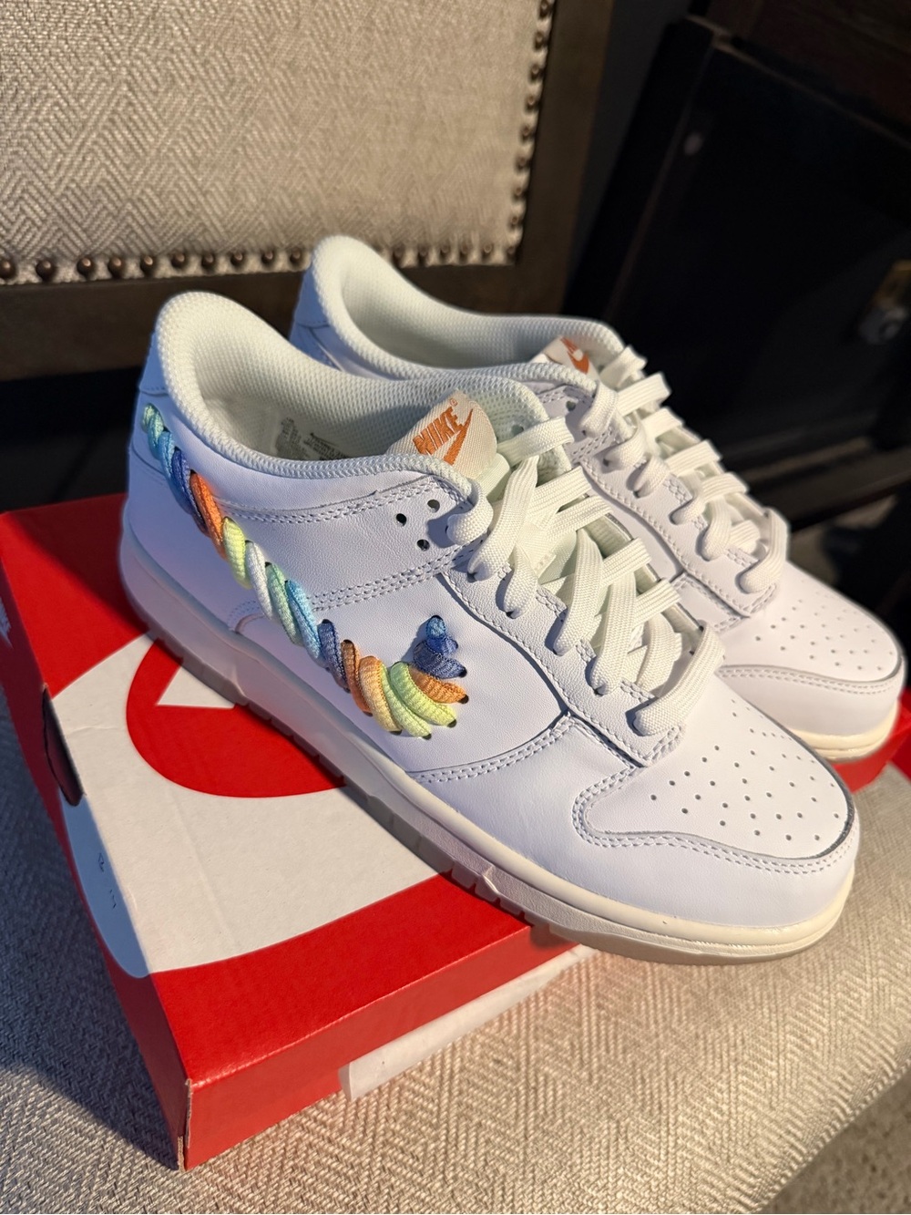 Nike Kids White Low-Top Sneakers with Rainbow Embroidered Swoosh size 6.5 Y